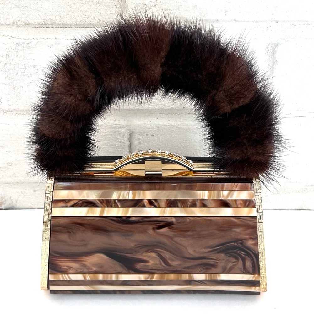 Faux Tortoise Shell Resin Box Clutch Fur Handle Purse Bag
